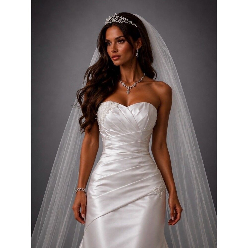 David’s Bridal Wedding Dress Size 12-14 White Strapless Satin Beaded LNWT